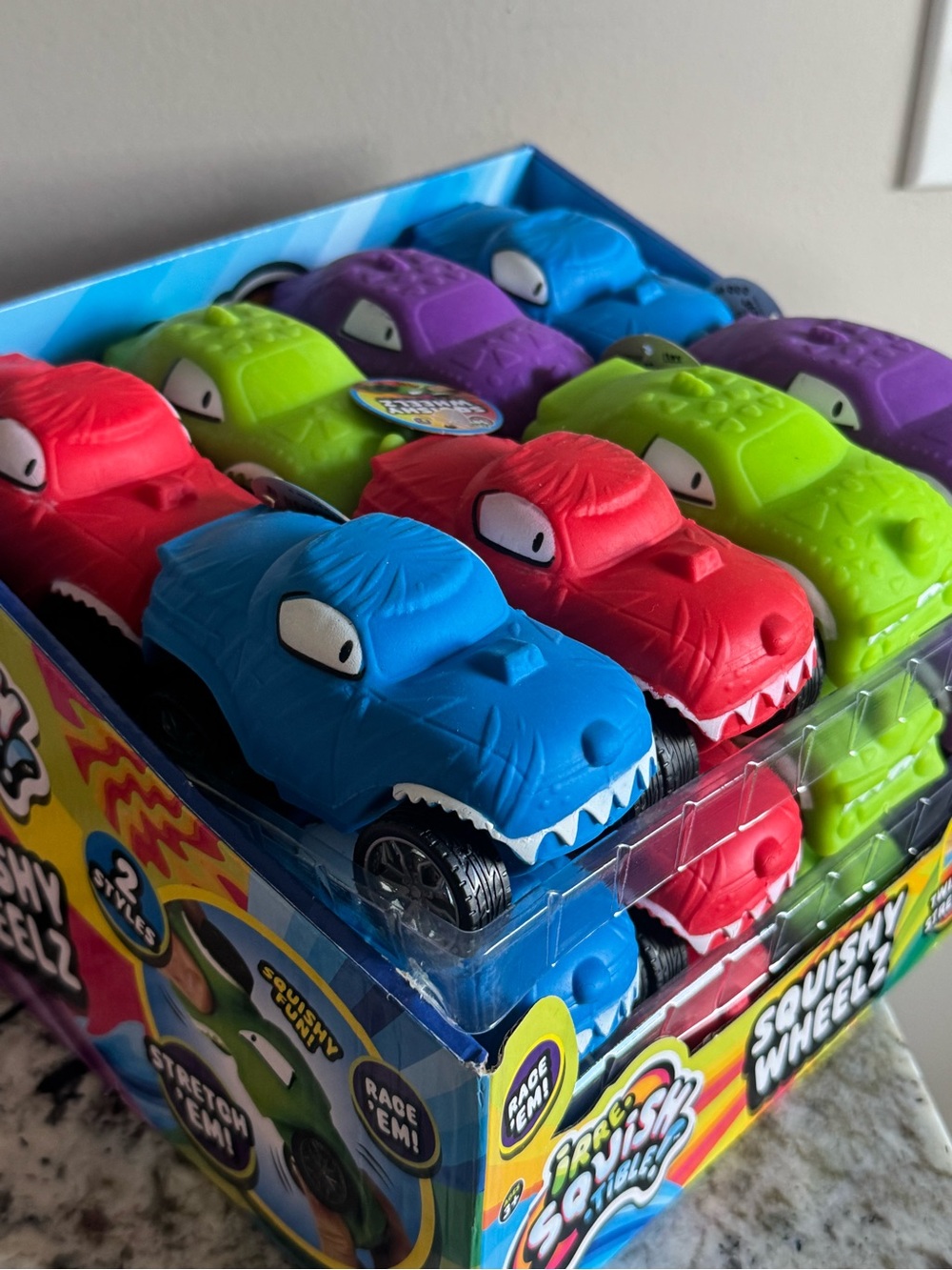 Stretch Toy Car Pack - Blue, Red, Green, Purple monster truck squishy